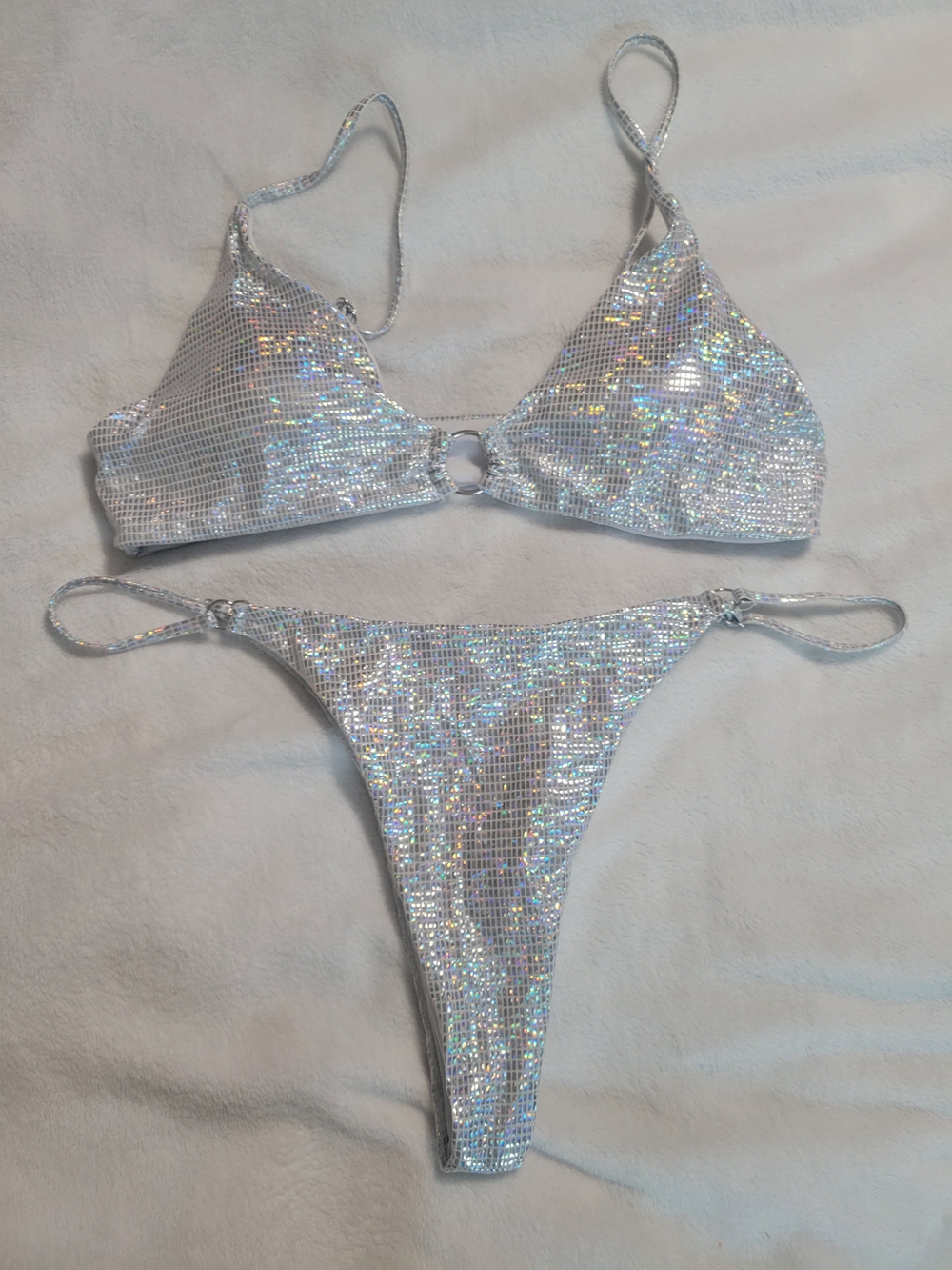 Silver Holographic Ring-Front Bikini Set - Women Swim Size L NWOT